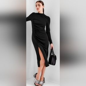 Black Long Sleeve Mock Neck Side Ruched Slit Midi Dress By Future Collec…